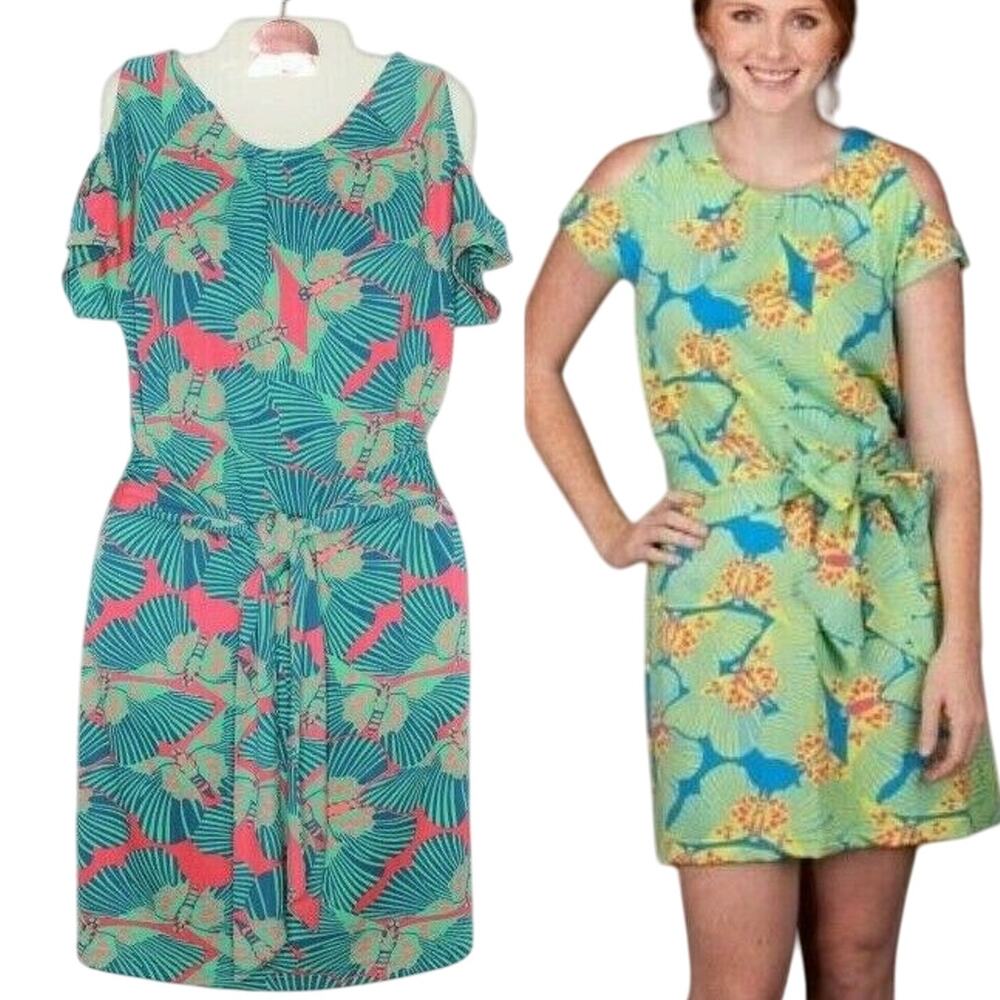 Tracy Negoshian Addisyn Butterfly Dress Cold Shoulder Aqua Pink Blue Size Medium